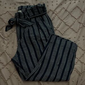 LOFT Navy Striped Linen Pants with Belt